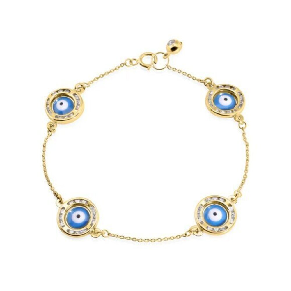 New 14 Karat Yellow Gold 030 Cable Enamel 4 Evil Eye Charm Clear CZ Bracelet